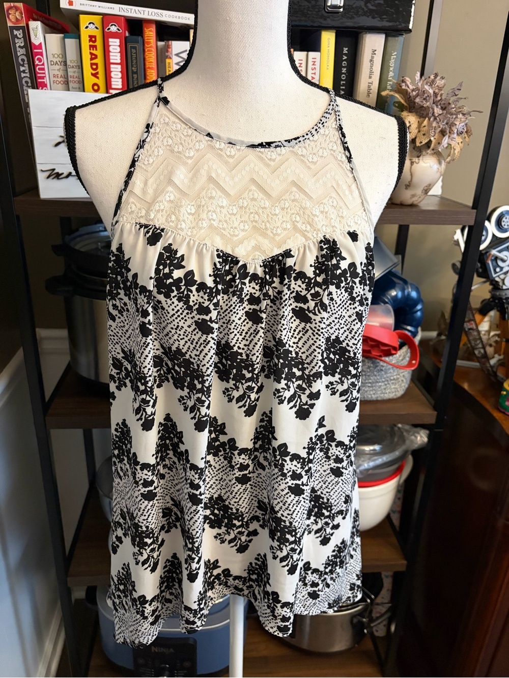 Candie's Black and White Floral Lace Halter Tank Top
